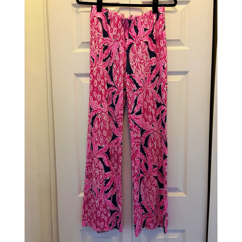 Lilly Pulitzer Women's Pink Navy Paisley Wide-Leg Pull-On Pants Size M